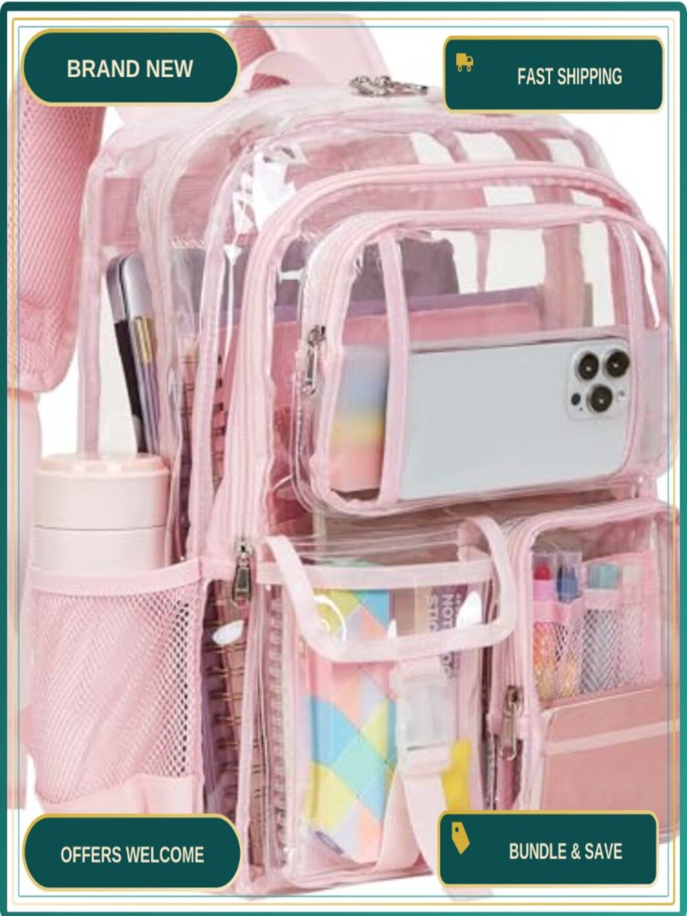 Clear Backpack Heavy Duty Large Multi-Pocket See-Through PVC School Concert